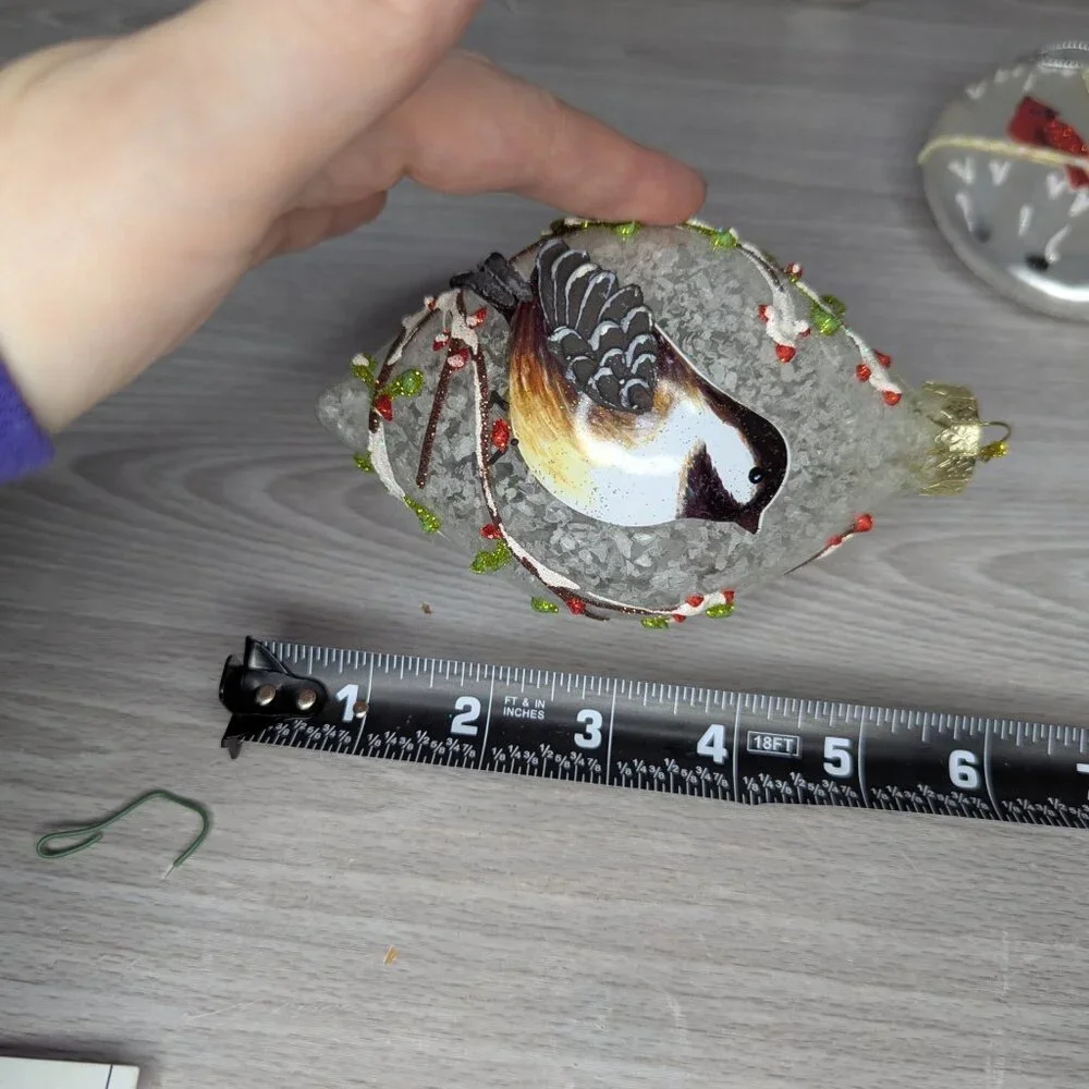 Hand Blown Glass Lot of 5 Iridescent Silver Red White Bird Christmas Ornaments
